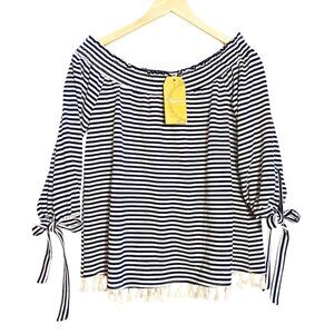 Andree' by UNIT,  NWT Off Shoulder Top, Size Med., Blk/Wht Stripe, Tassel Bottom